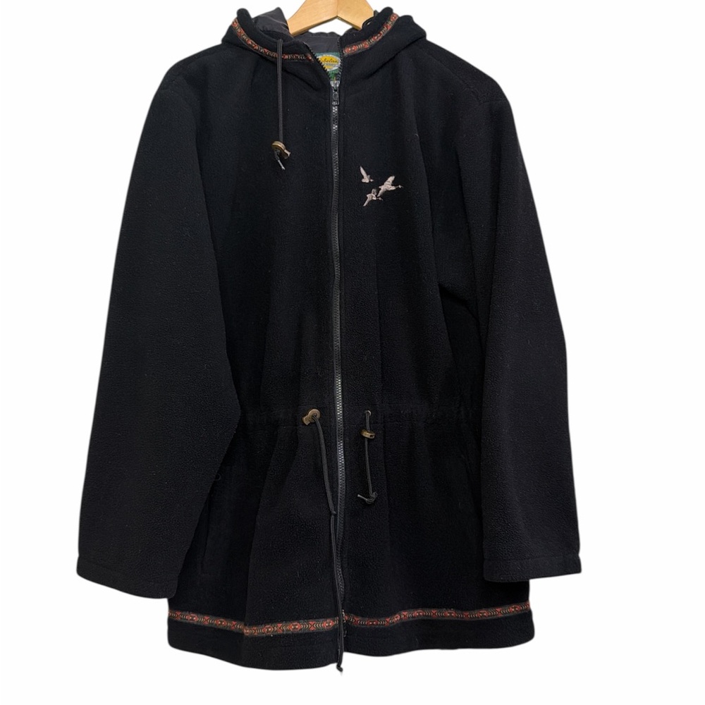 Cabela’s Hooded Fleece Jacket Black Embroidered Cabin Scene XL